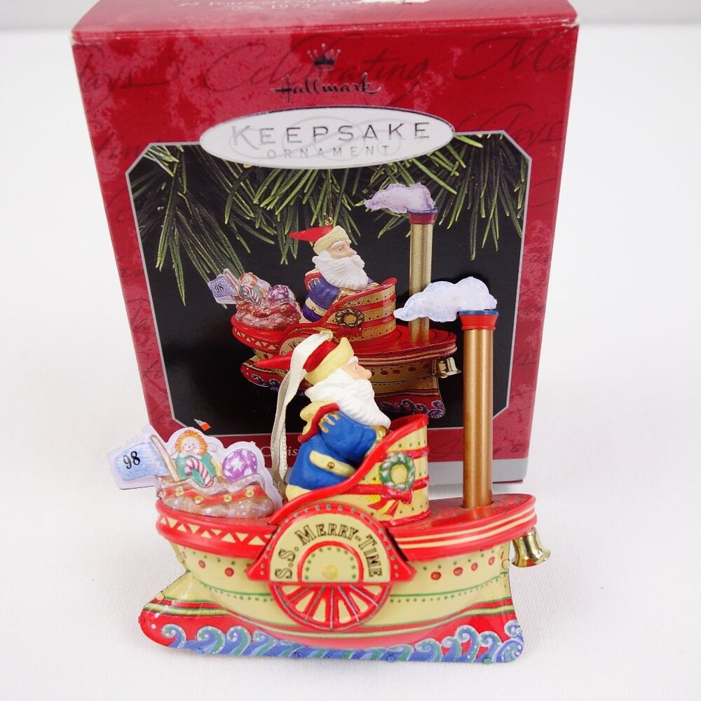Vintage 1998 Hallmark Cruising Into Christmas Santa Tin Steamboat Ornament